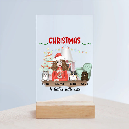 Weihnachten ist schöner mit Katzen Acrylschild mit Holzständer