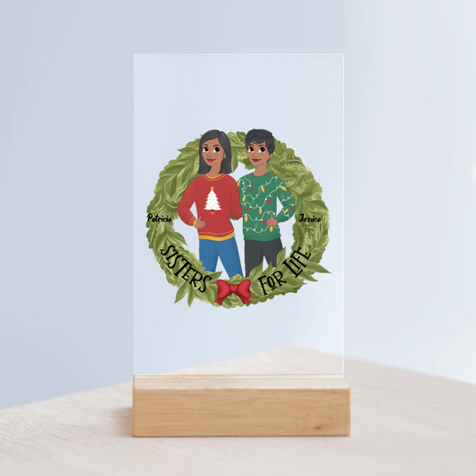 Schwestern fürs Leben Weihnacht Acrylschild mit Holzständer