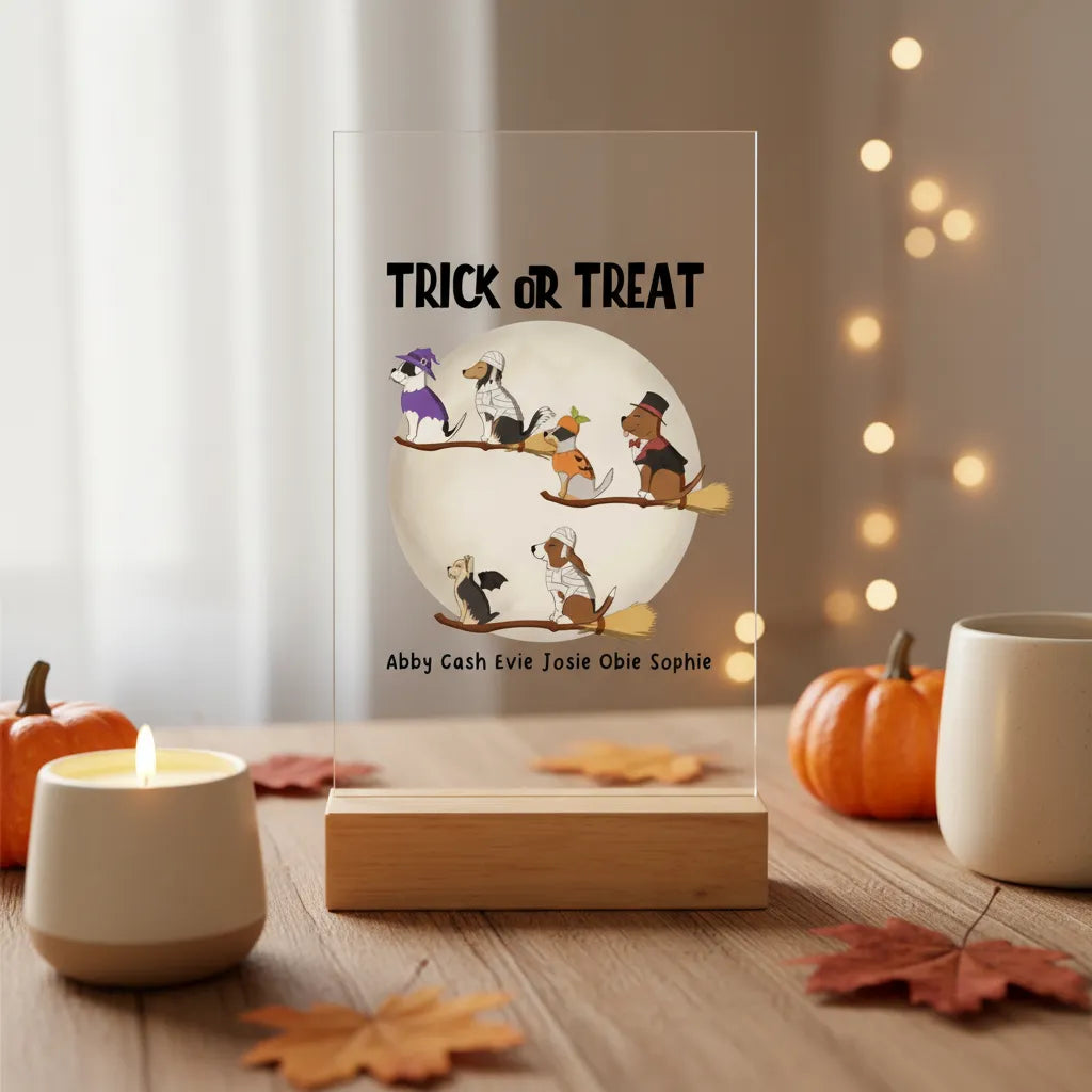 Süßes oder Saures Hunde Halloween Acrylschild mit Holzständer