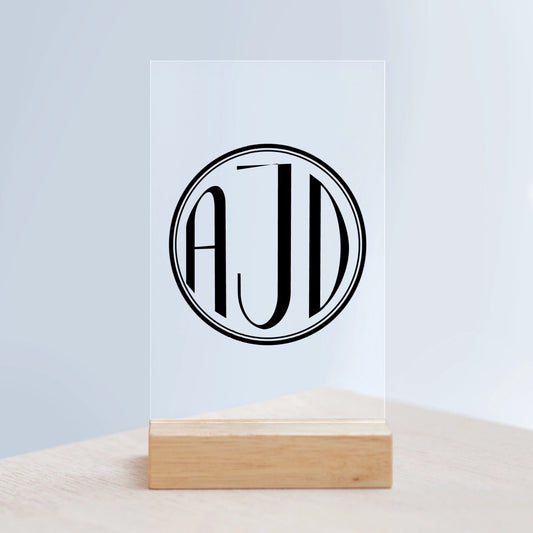 Kreisförmiges Monogramm Acrylschild mit Holzständer