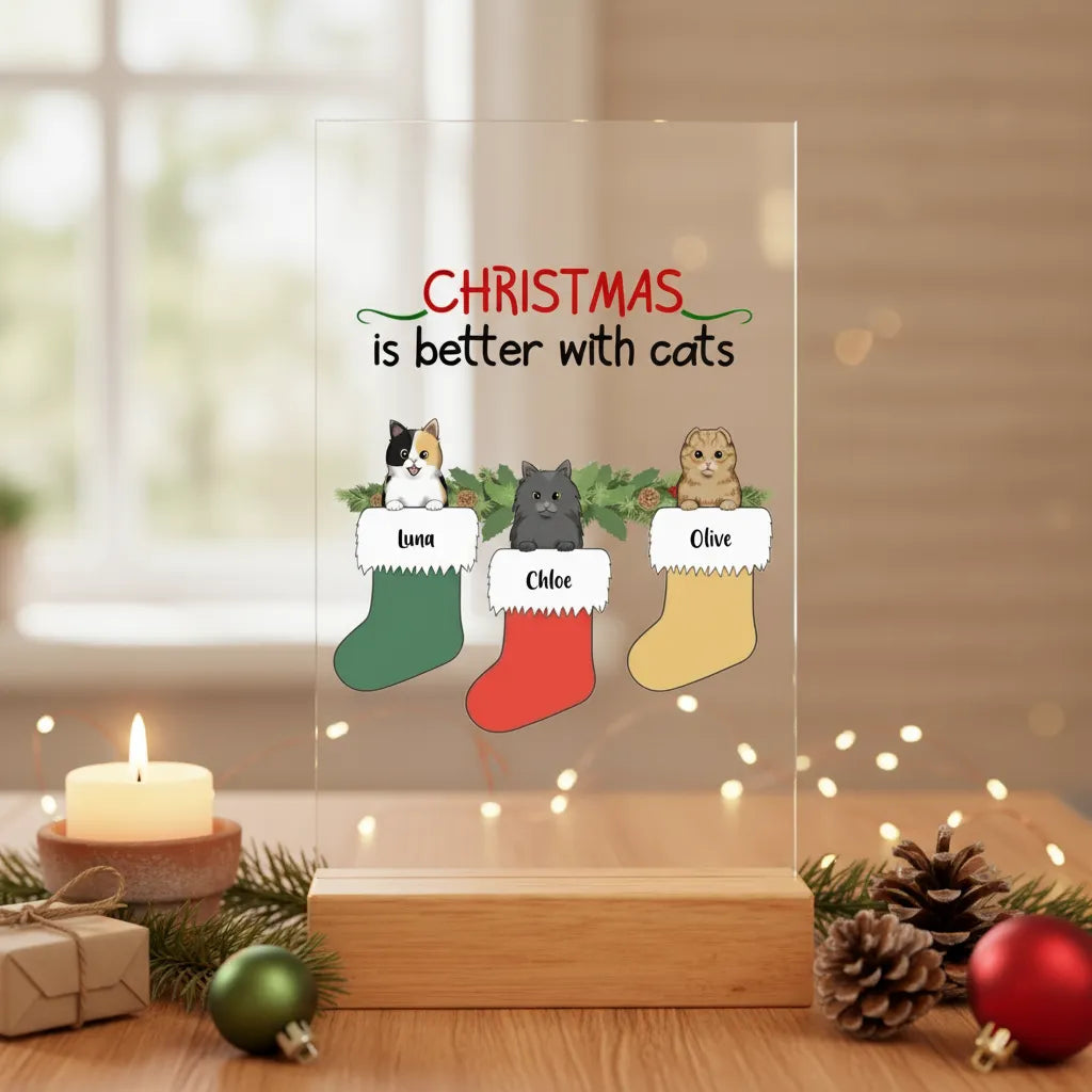 Weihnachten ist schöner mit Katzen Acrylschild mit Holzständer