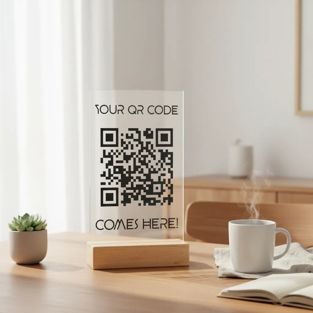 Dein QR Code Acrylschild mit Holzständer
