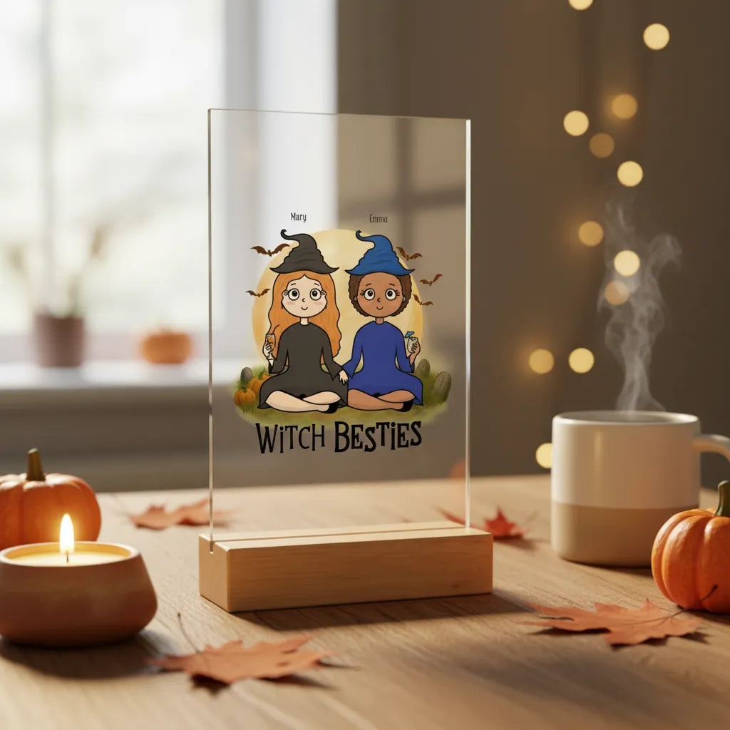 Hexenbesties Halloween Acrylschild mit Holzständer