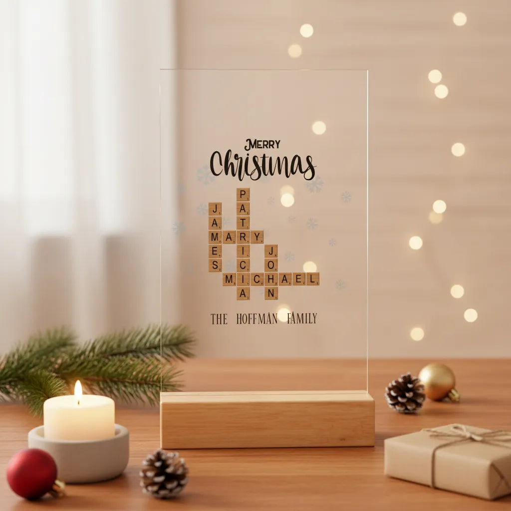 Frohe Weihnachten Kreuzworträtsel Acrylschild mit Holzständer