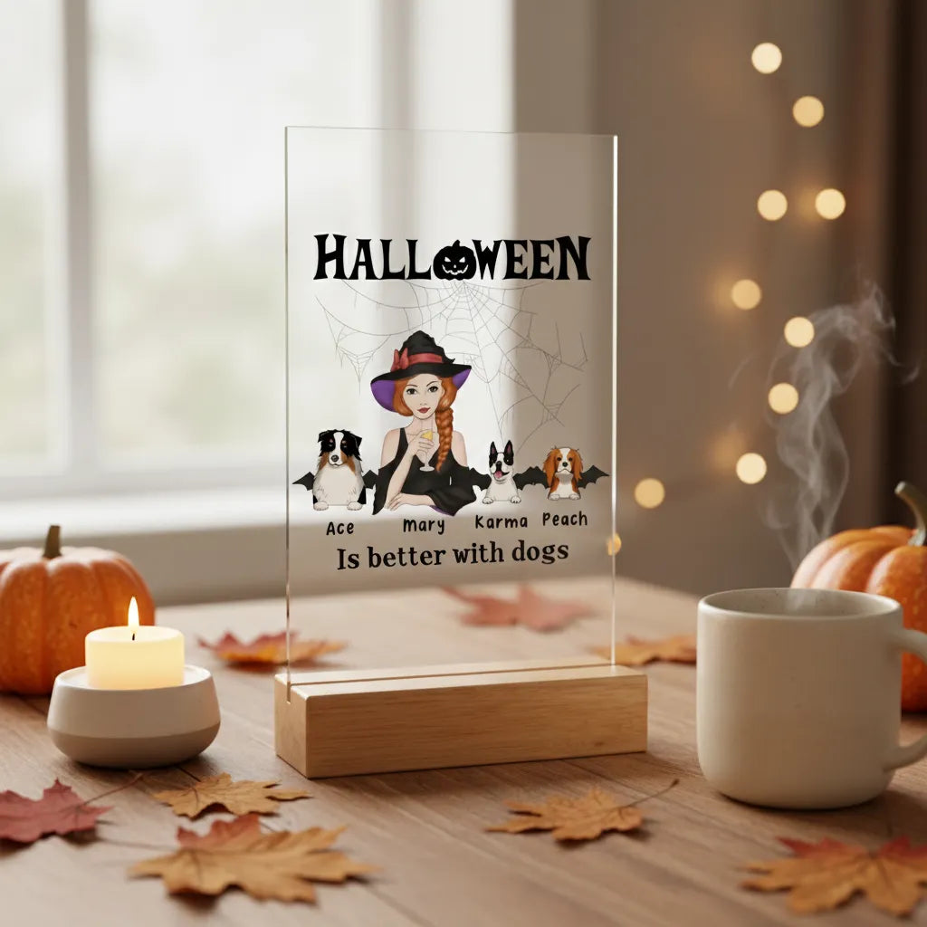 Halloween ist besser mit Hunden Acrylschild mit Holzständer