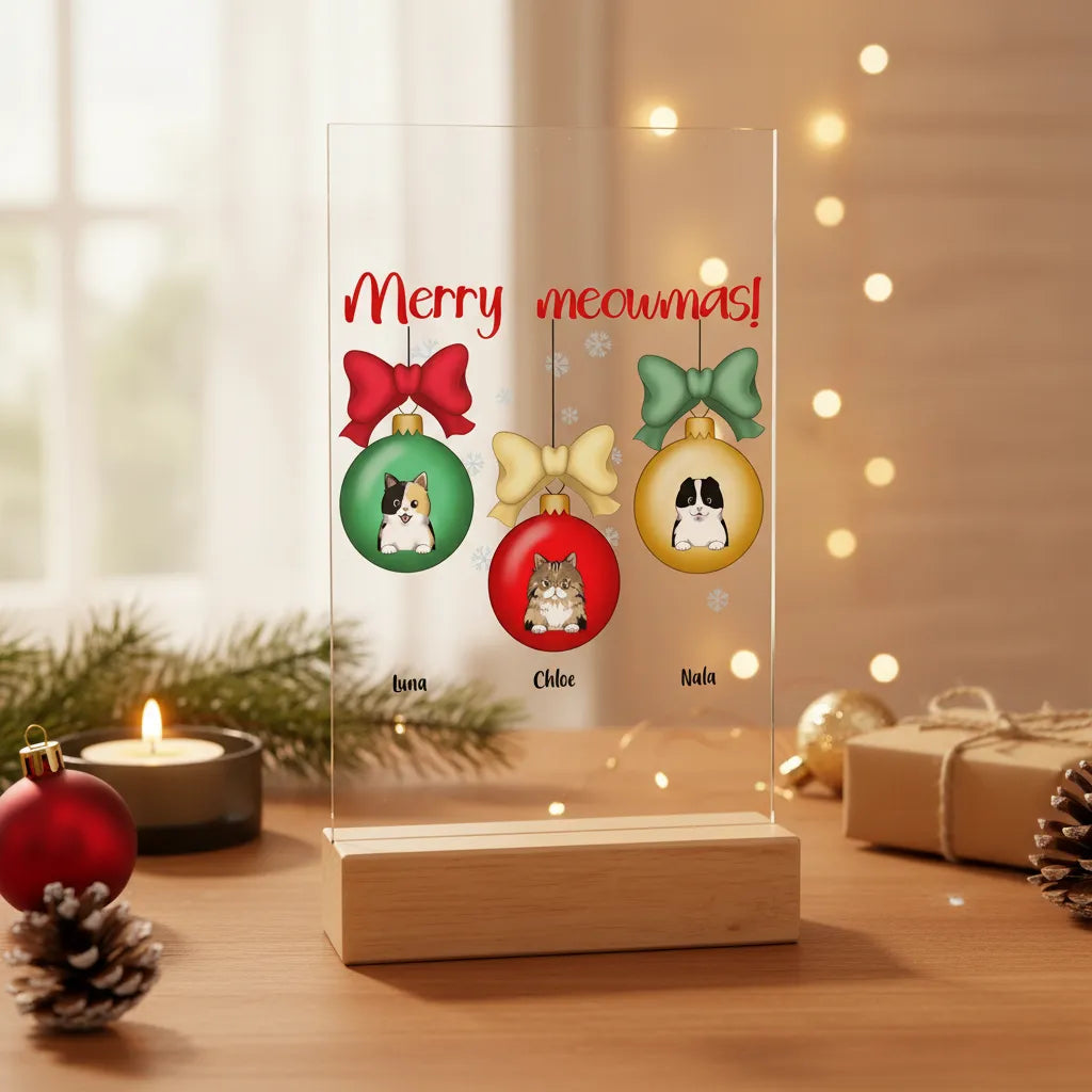 Frohe Meownachten Weihnacht Acrylschild mit Holzständer
