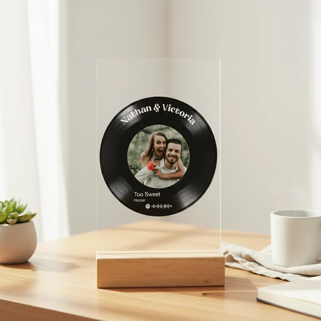 Vinyl Record Music Player Acrylic Sign with Wooden Stand