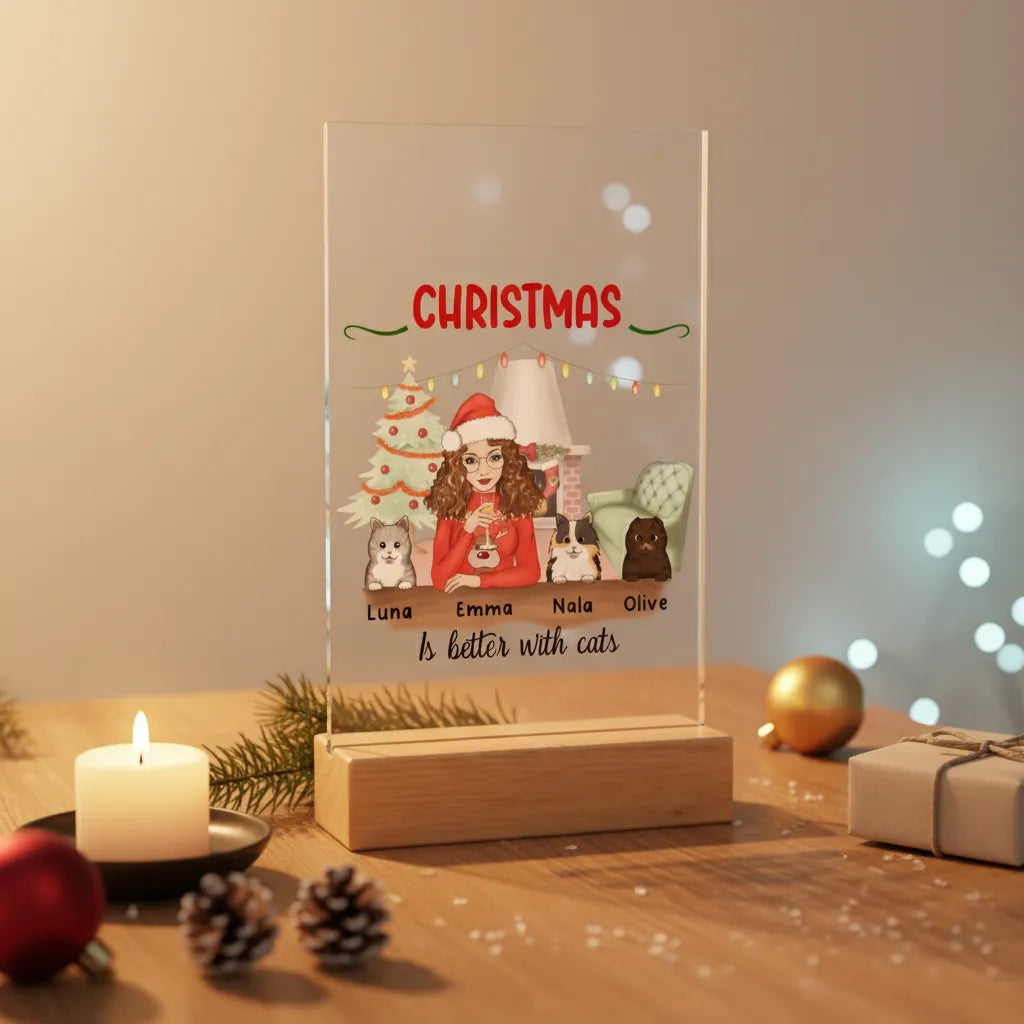Weihnachten ist schöner mit Katzen Acrylschild mit Holzständer
