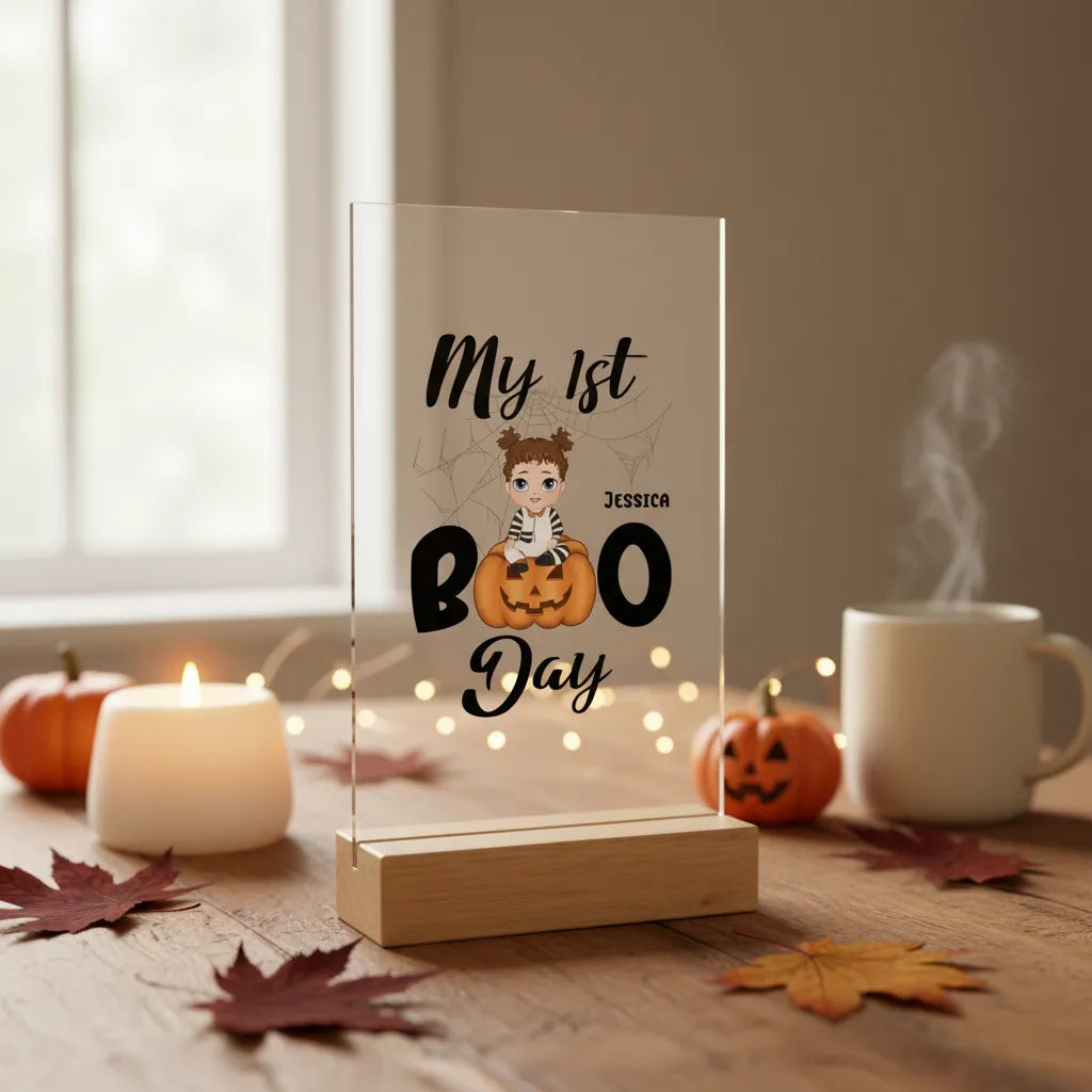 Mein erster Boo Tag Halloween Acrylschild mit Holzständer