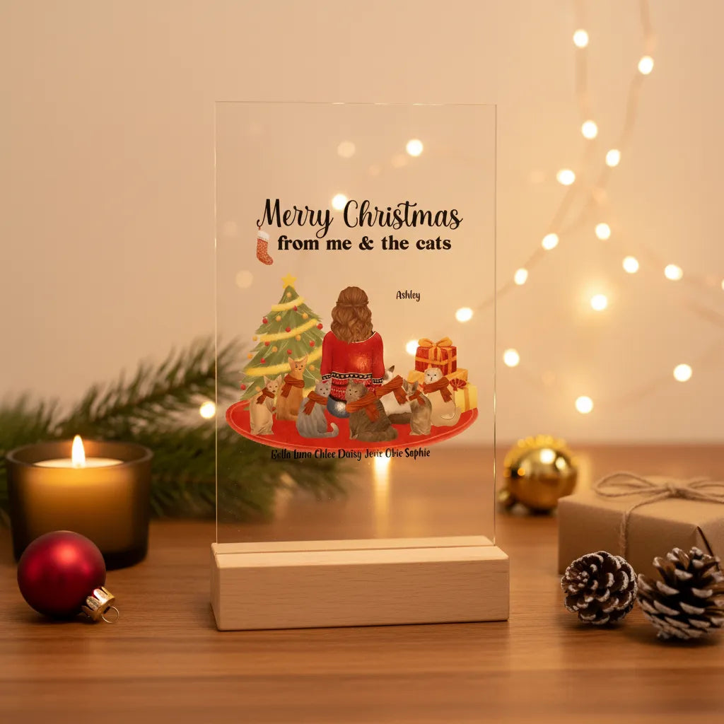 Frohe Weihnachten von mir und den Katzen Acrylschild mit Holzständer