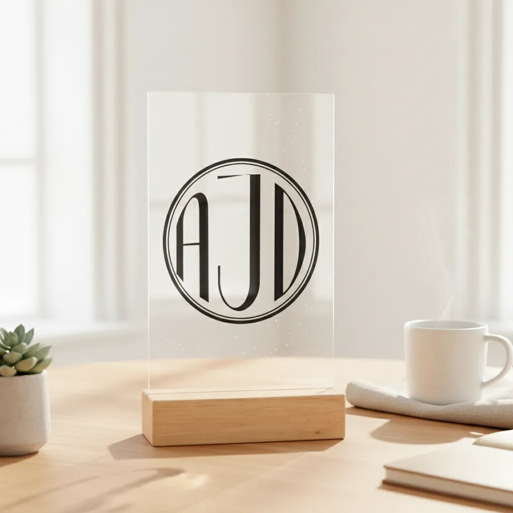 Kreisförmiges Monogramm Acrylschild mit Holzständer