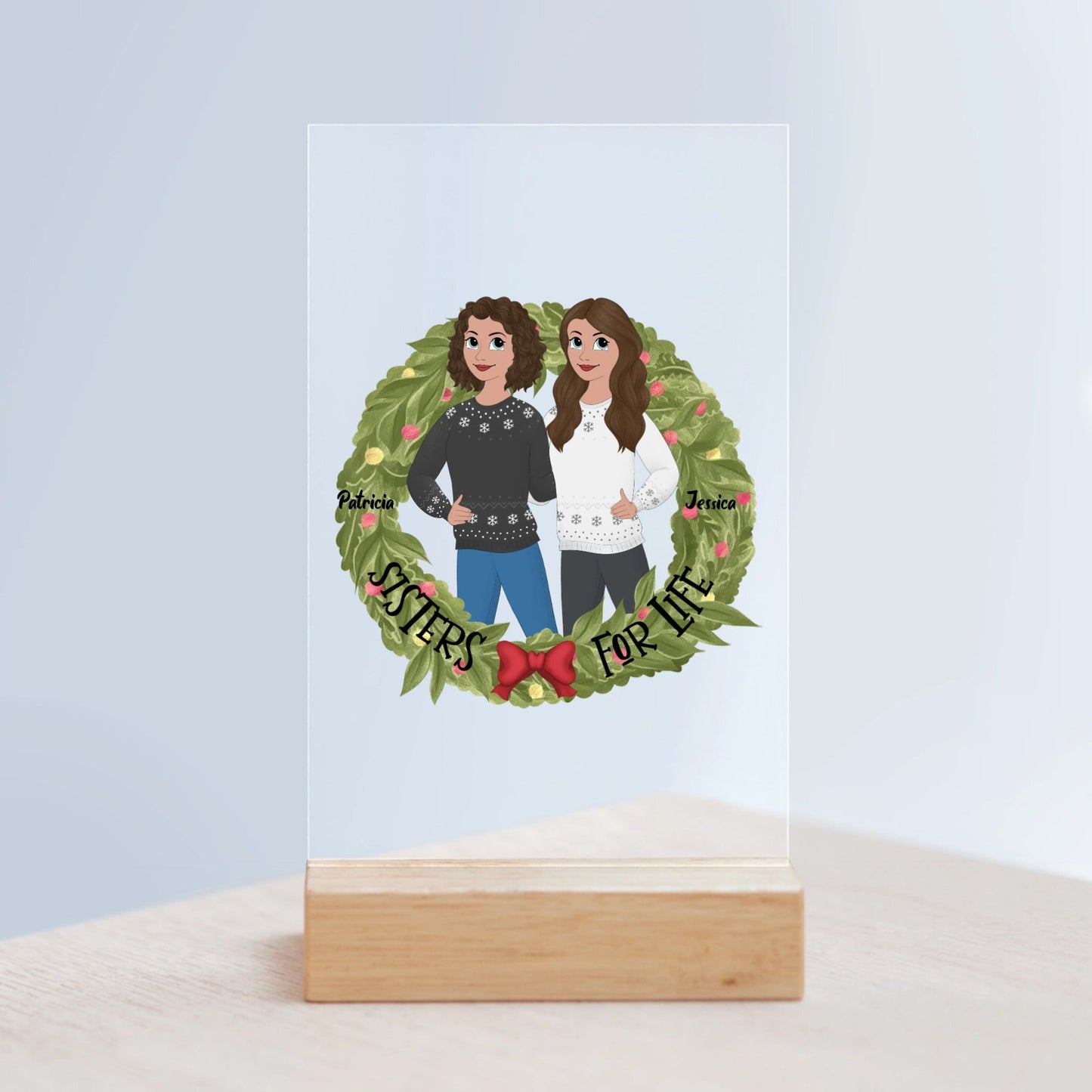 Schwestern fürs Leben Weihnacht Acrylschild mit Holzständer