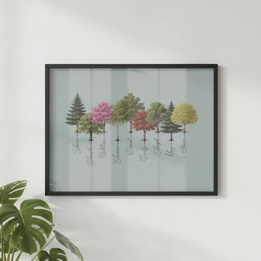 Personalisiertes Baumposter mit Holzrahmen