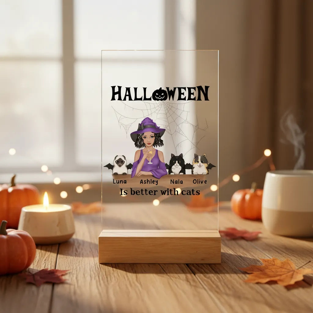 Halloween ist besser mit Katzen Acrylschild mit Holzständer