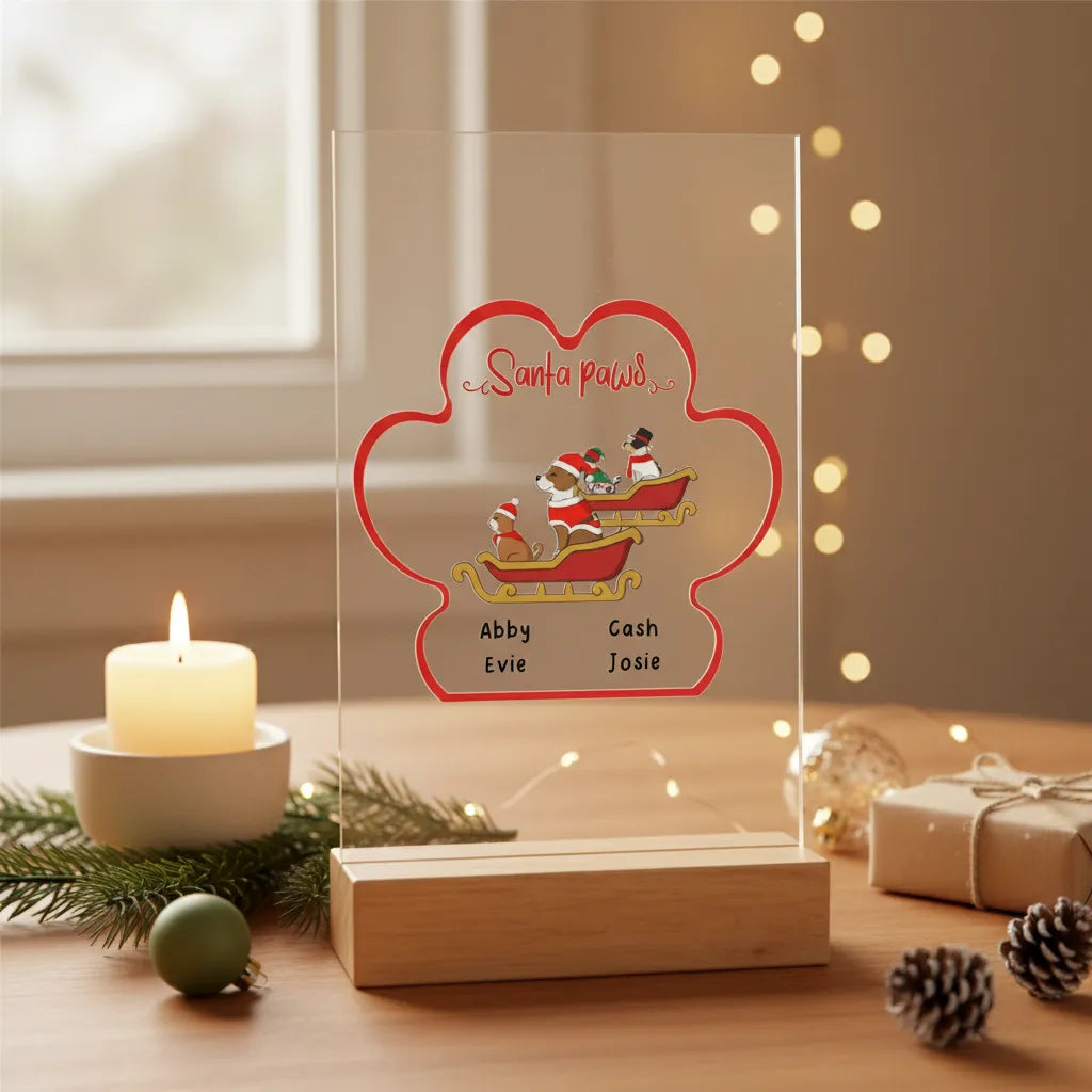 Weihnachtspfoten Acrylschild mit Holzständer