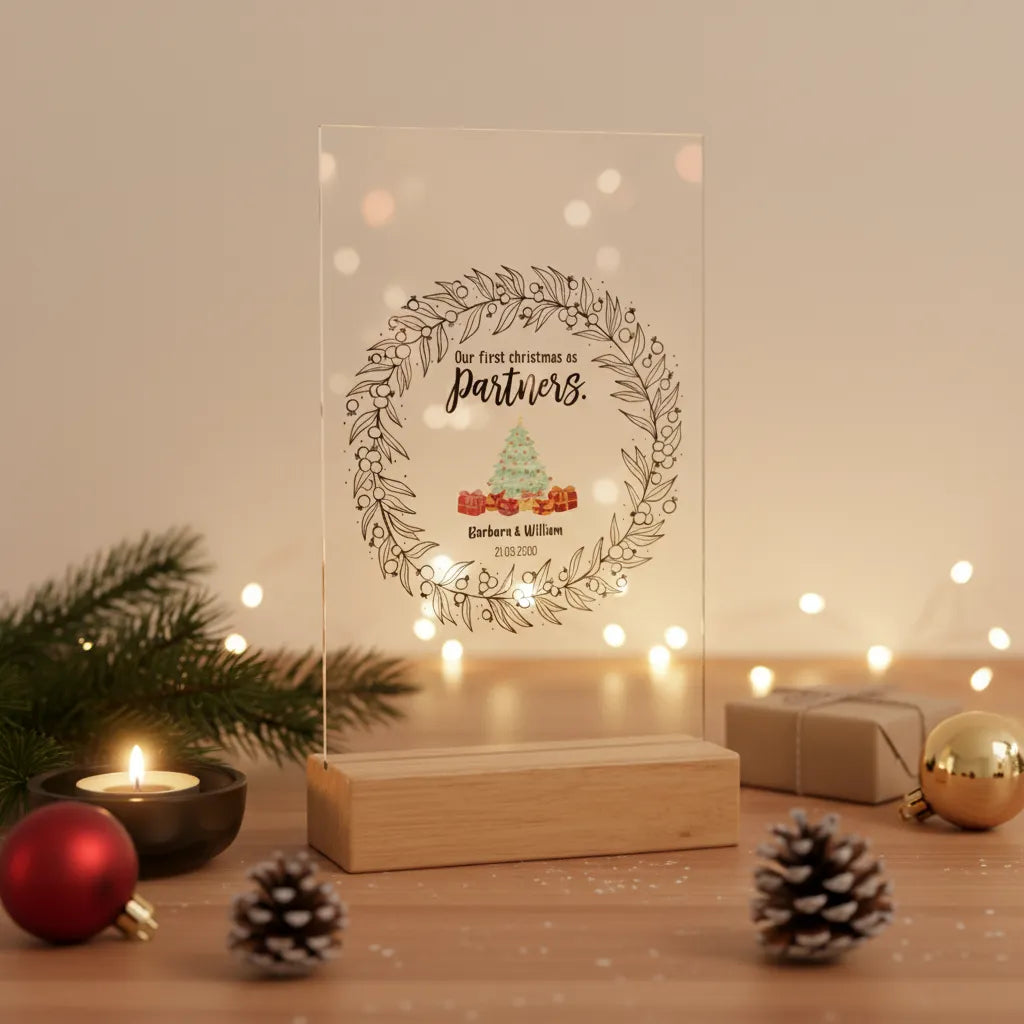 Unser erstes Weihnachten als Partner Acrylschild mit Holzständer
