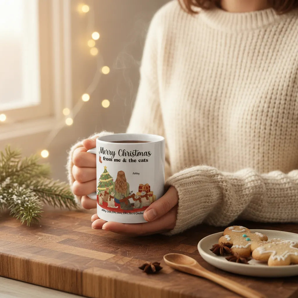 Frohe Weihnachten von mir und den Katzen Keramiktasse