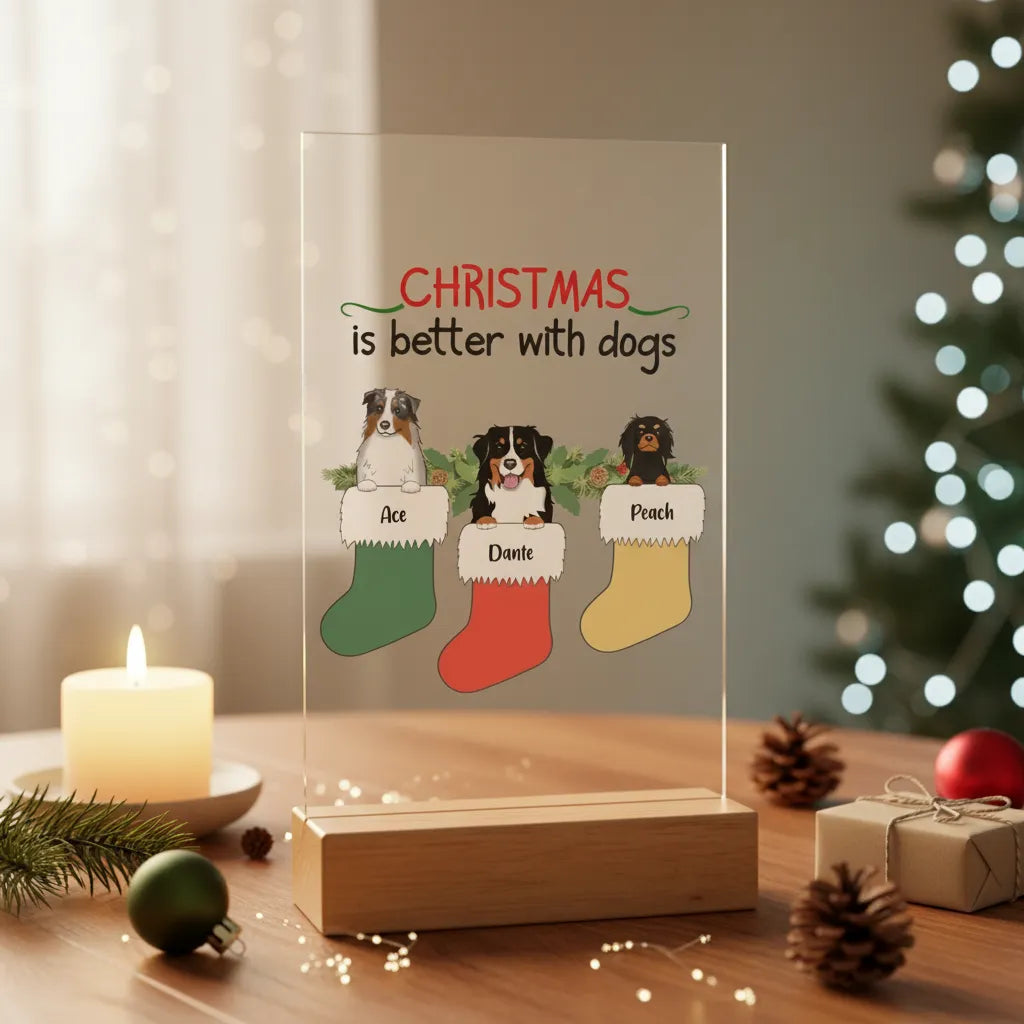 Weihnachten ist schöner mit Hunden Acrylschild mit Holzständer