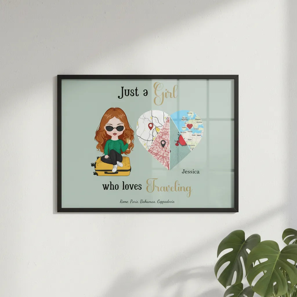 Nur ein Mädchen, das das Reisen liebt Poster mit Holzrahmen