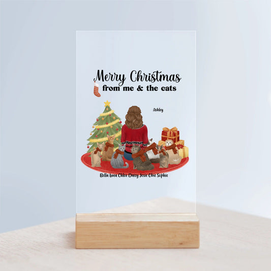 Frohe Weihnachten von mir und den Katzen Acrylschild mit Holzständer