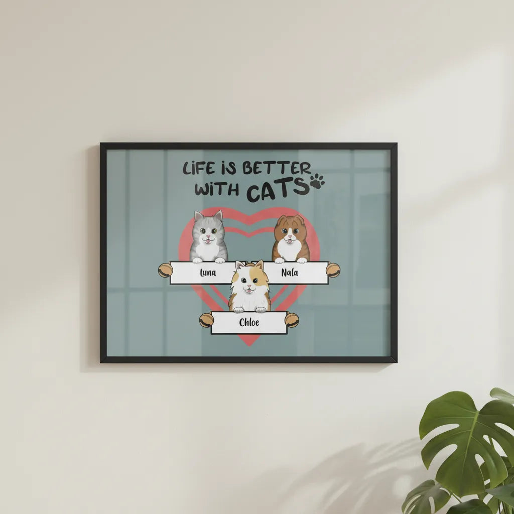Das Leben ist schöner mit Katzen Poster mit Holzrahmen