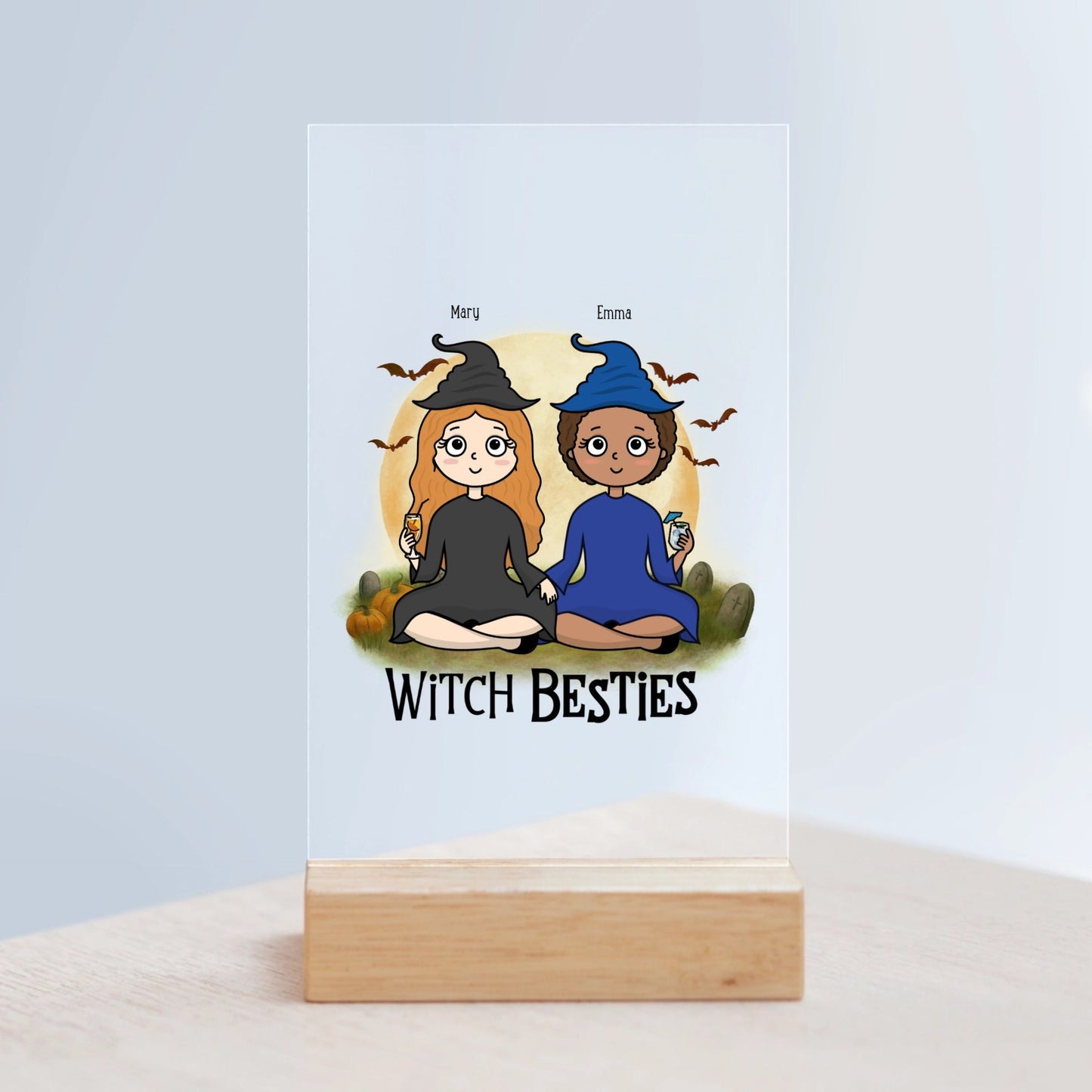 Hexenbesties Halloween Acrylschild mit Holzständer