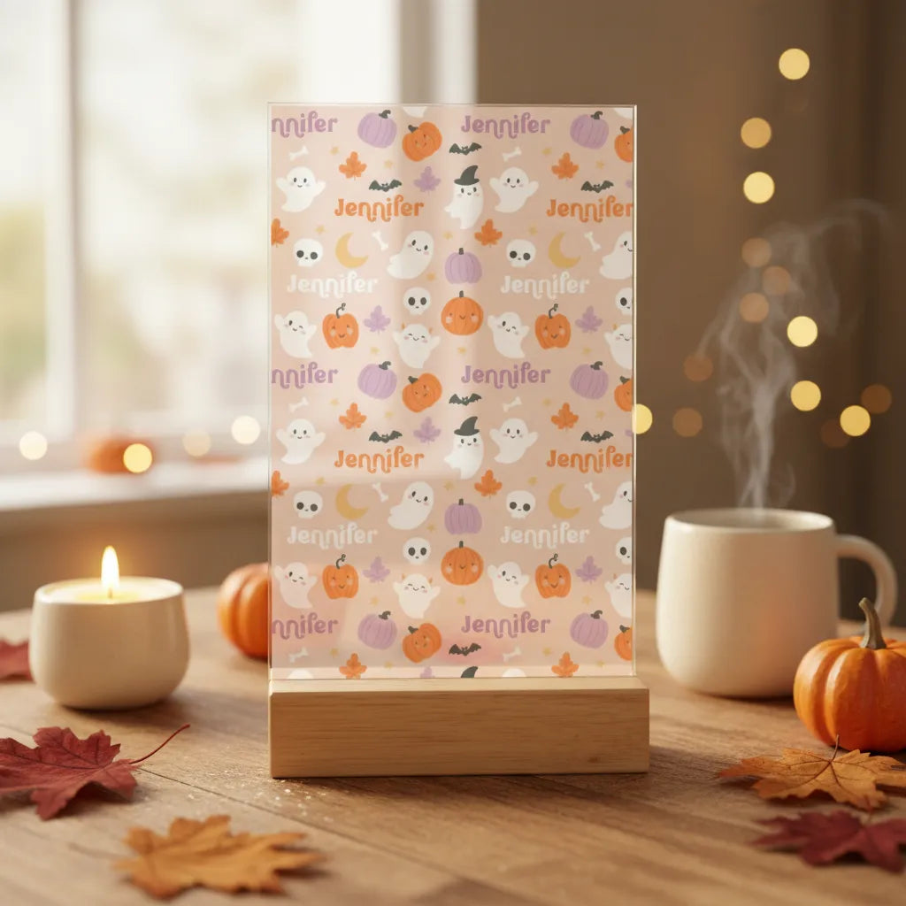 Namensmuster Halloween Acrylschild mit Holzständer