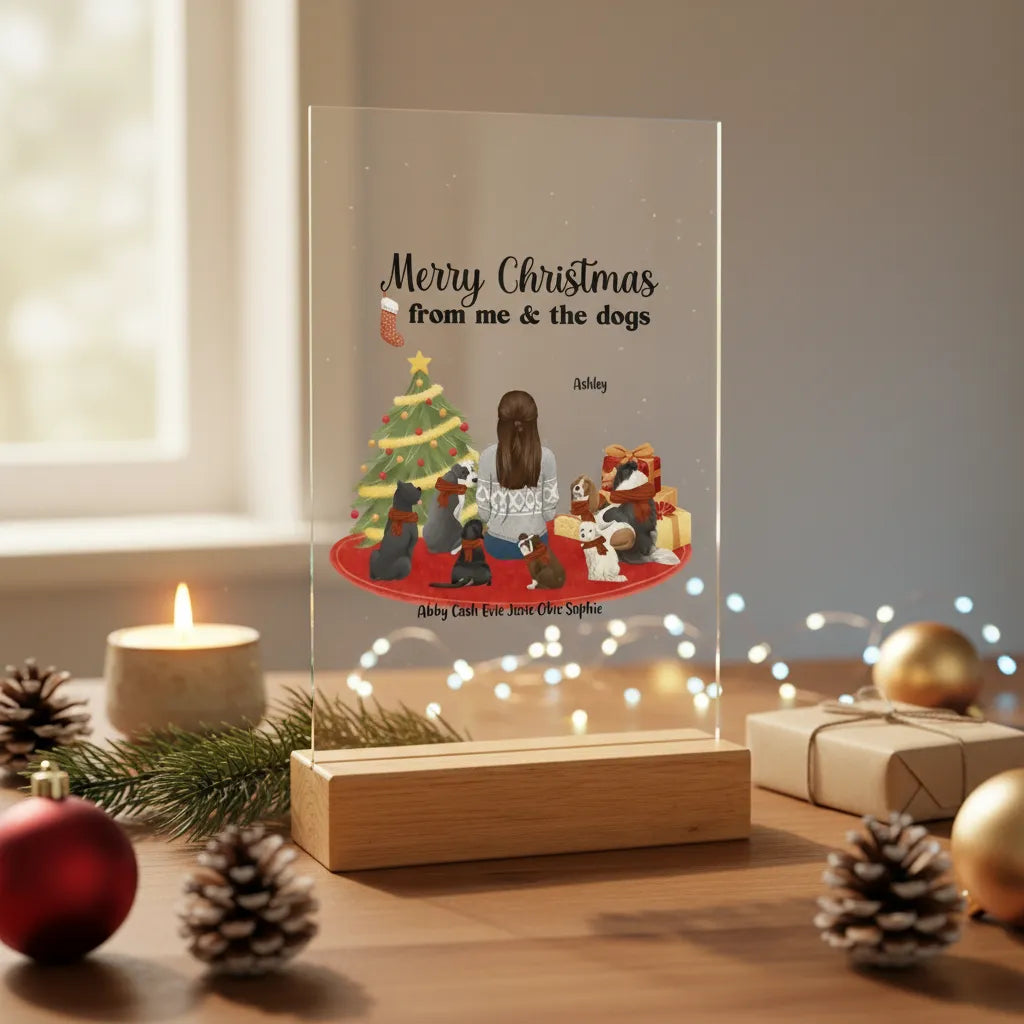 Frohe Weihnachten von mir und den Hunden Acrylschild mit Holzständer