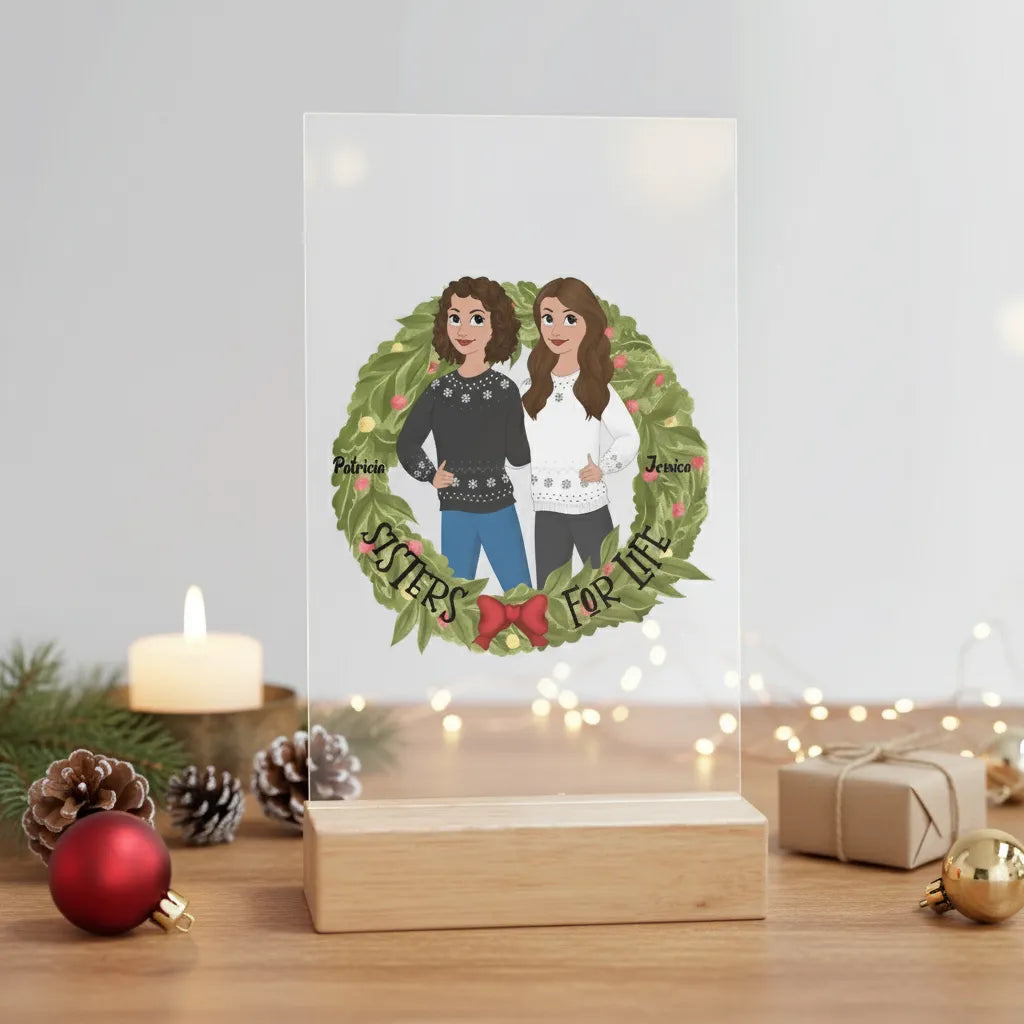 Schwestern fürs Leben Weihnacht Acrylschild mit Holzständer