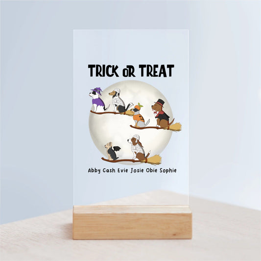 Süßes oder Saures Hunde Halloween Acrylschild mit Holzständer