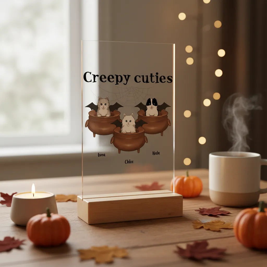 Gruselig Süße Katzen Halloween Acrylschild mit Holzständer