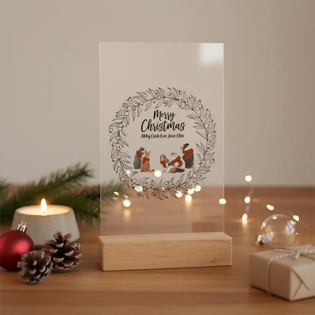Frohe Haustier Weihnachten Acrylschild mit Holzständer