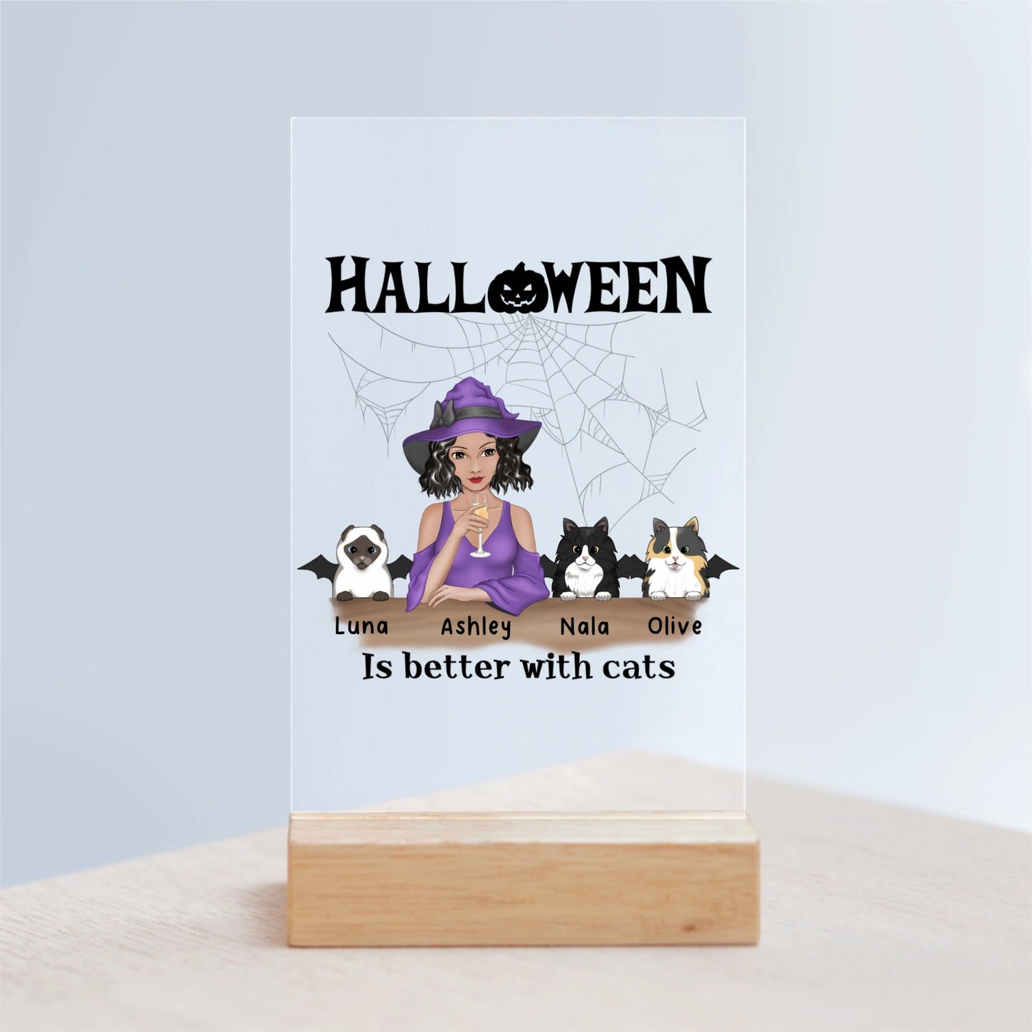 Halloween ist besser mit Katzen Acrylschild mit Holzständer