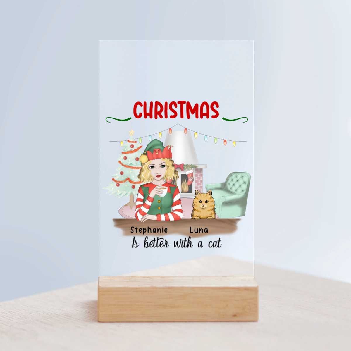 Weihnachten ist schöner mit Katzen Acrylschild mit Holzständer