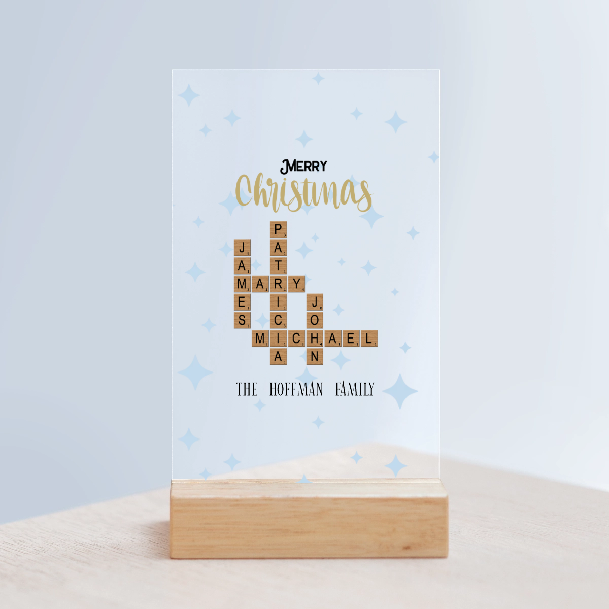 Frohe Weihnachten Kreuzworträtsel Acrylschild mit Holzständer