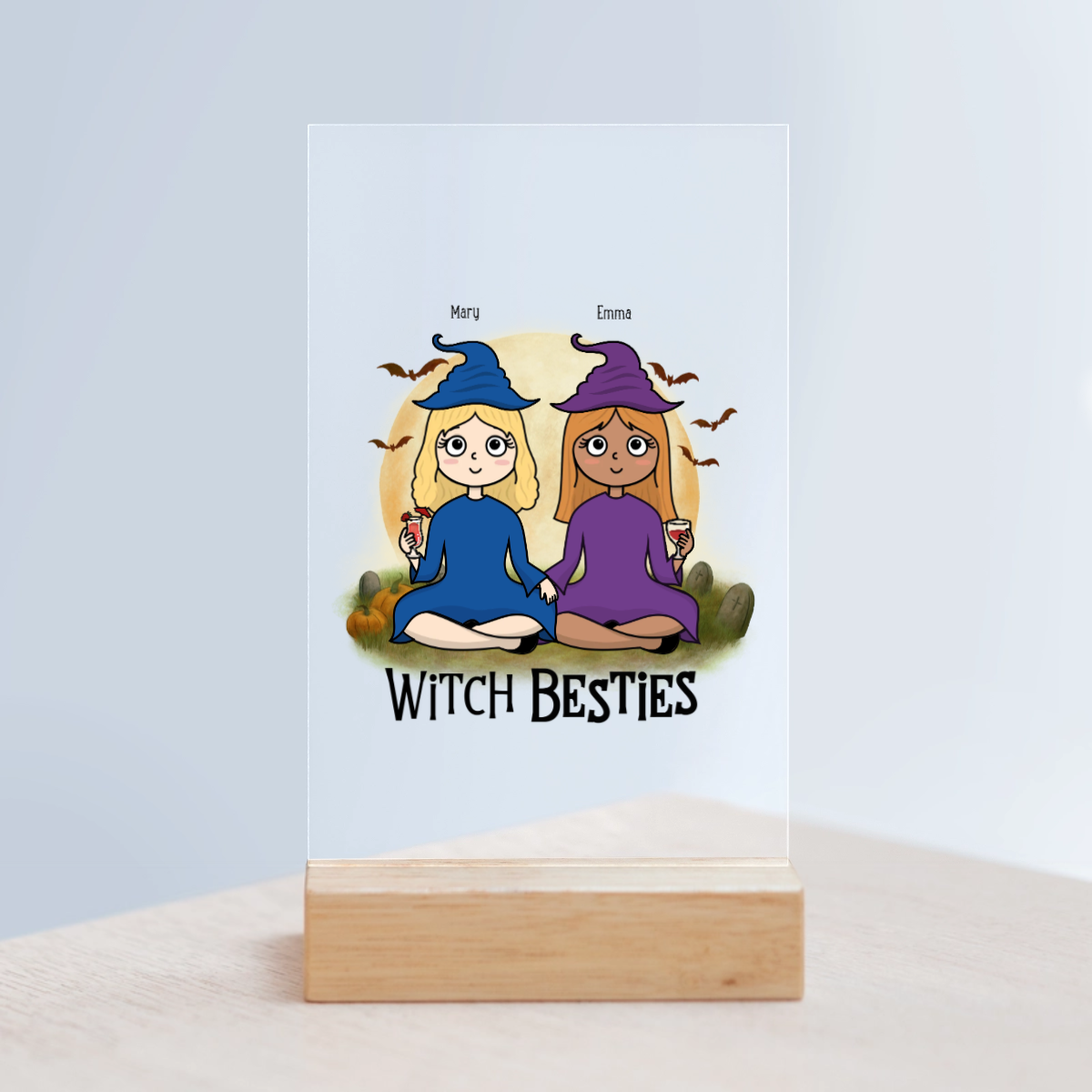 Hexenbesties Halloween Acrylschild mit Holzständer