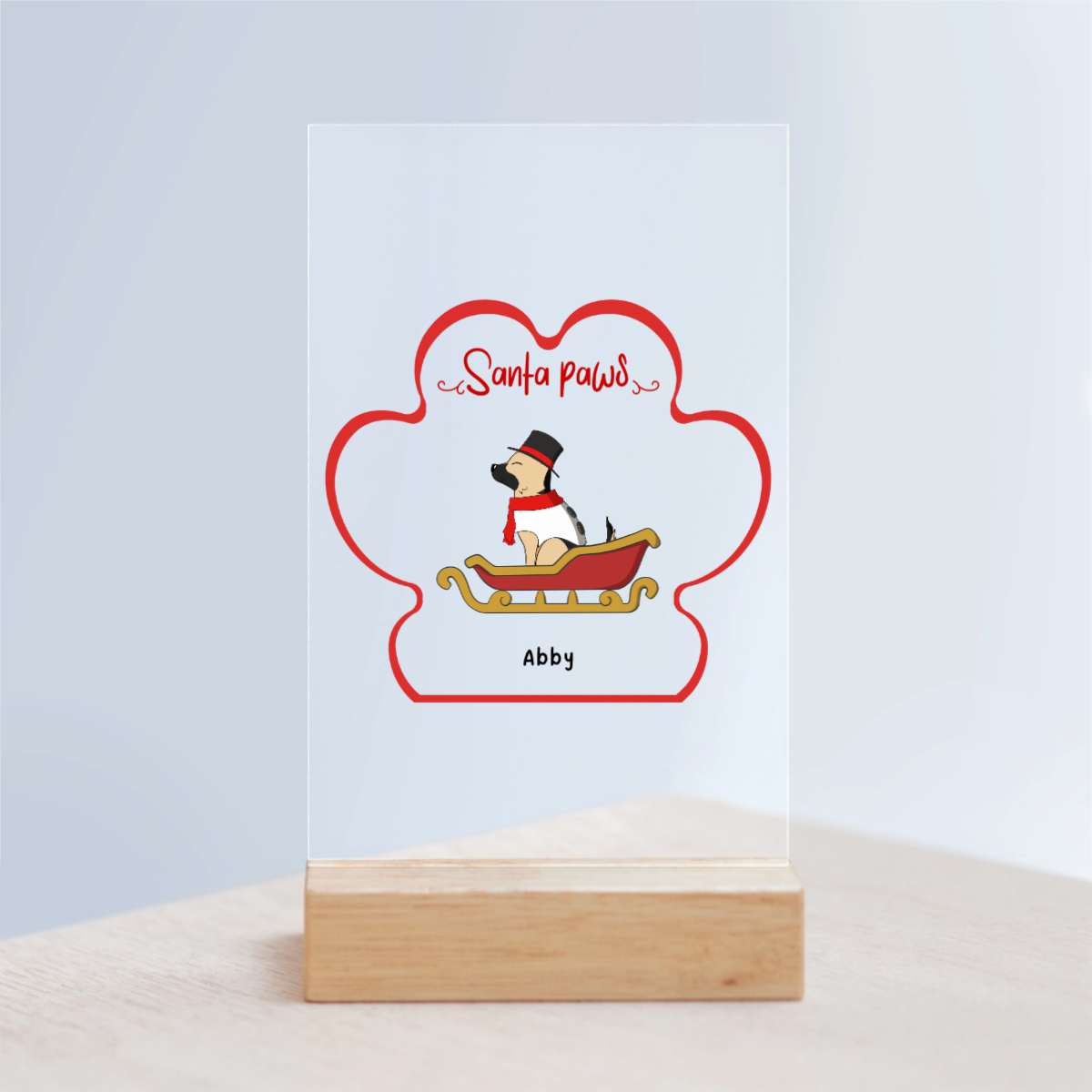 Weihnachtspfoten Acrylschild mit Holzständer