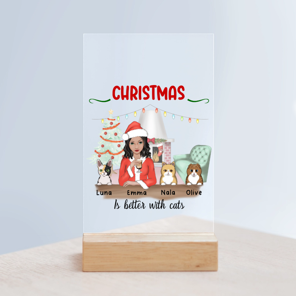 Weihnachten ist schöner mit Katzen Acrylschild mit Holzständer