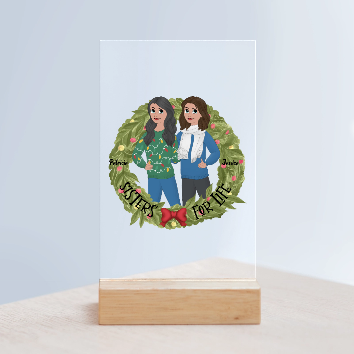 Schwestern fürs Leben Weihnacht Acrylschild mit Holzständer