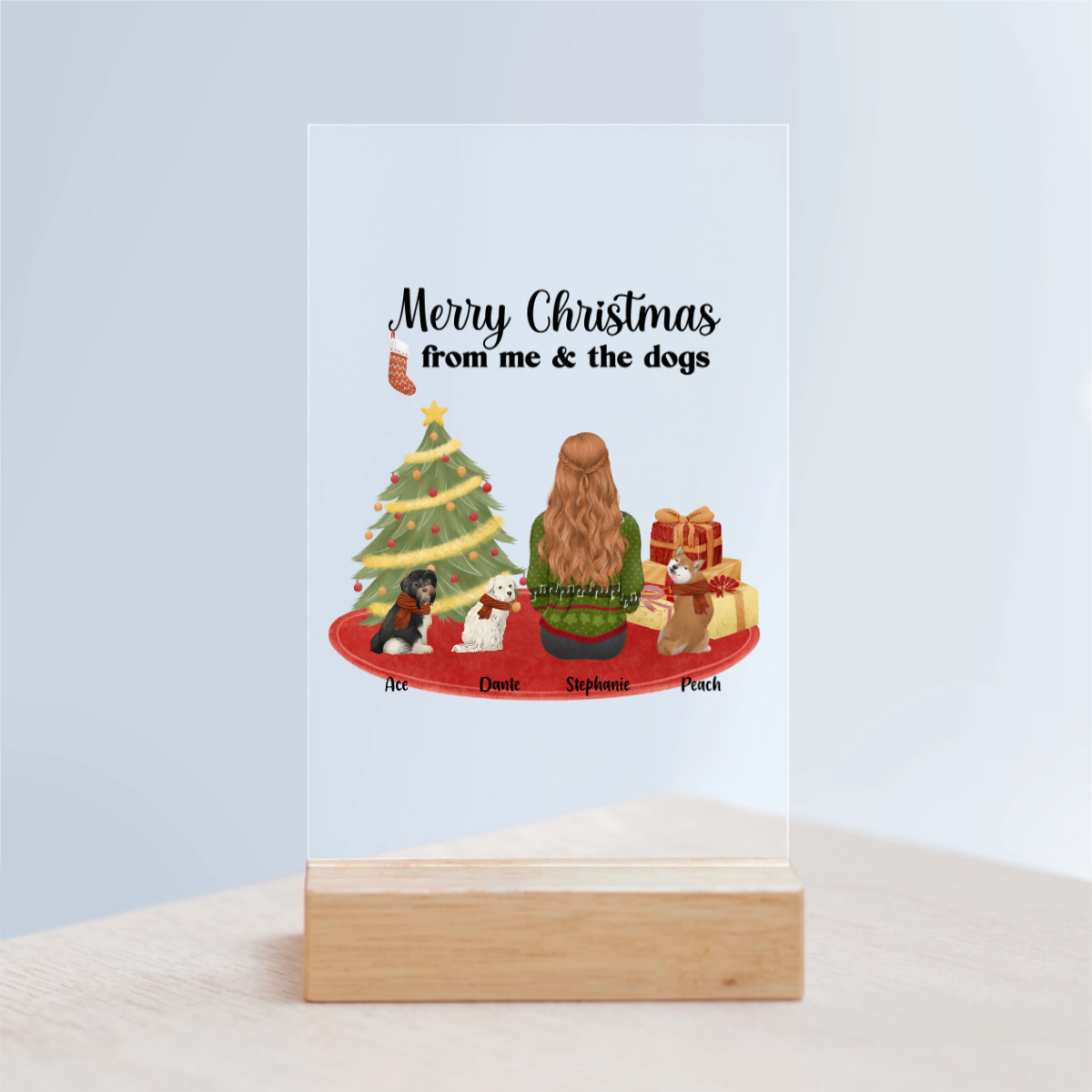 Frohe Weihnachten von mir und den Hunden Acrylschild mit Holzständer