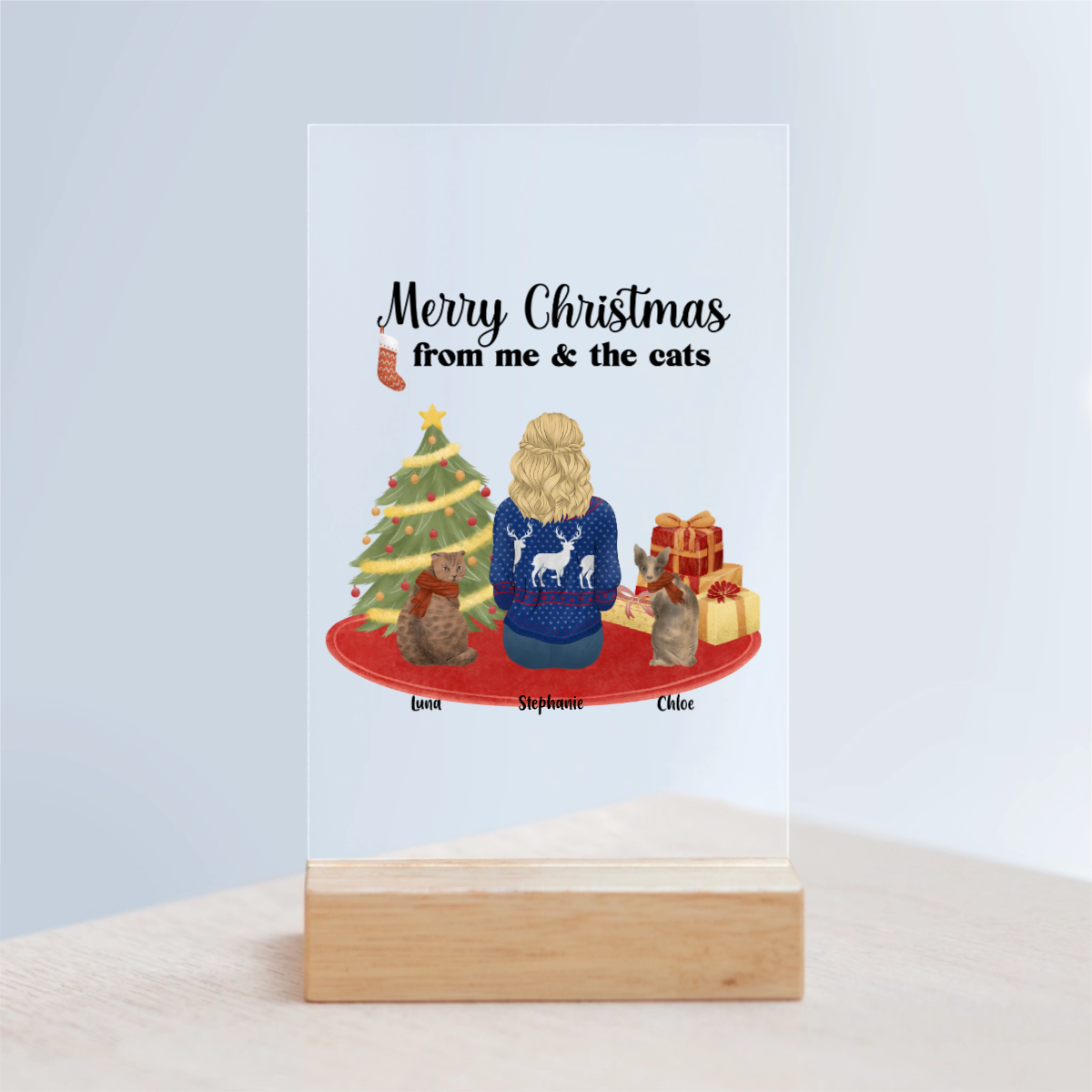 Frohe Weihnachten von mir und den Katzen Acrylschild mit Holzständer