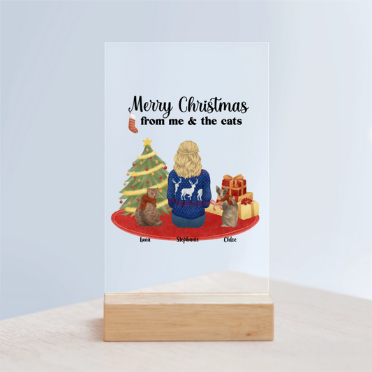 Frohe Weihnachten von mir und den Katzen Acrylschild mit Holzständer