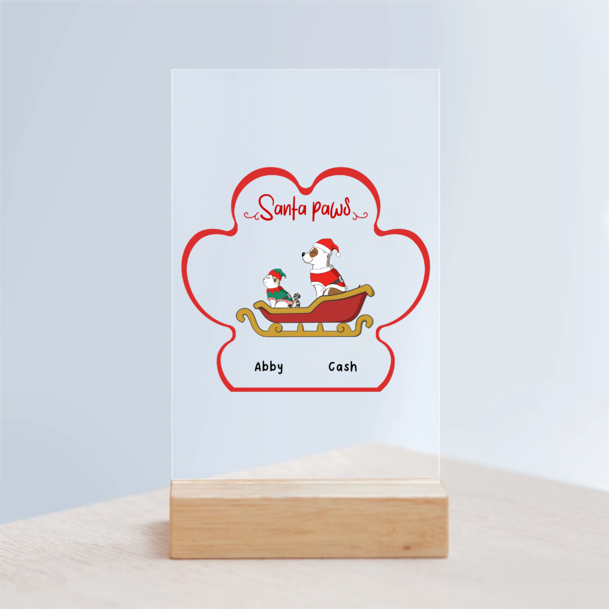 Weihnachtspfoten Acrylschild mit Holzständer
