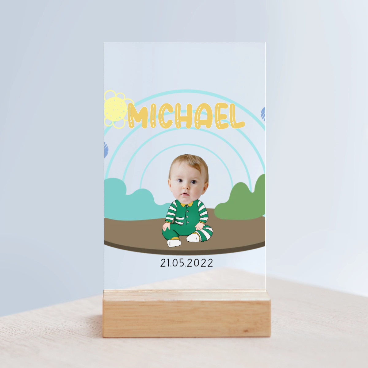 Babygesicht Ausschnitt Acrylschild mit Holzständer