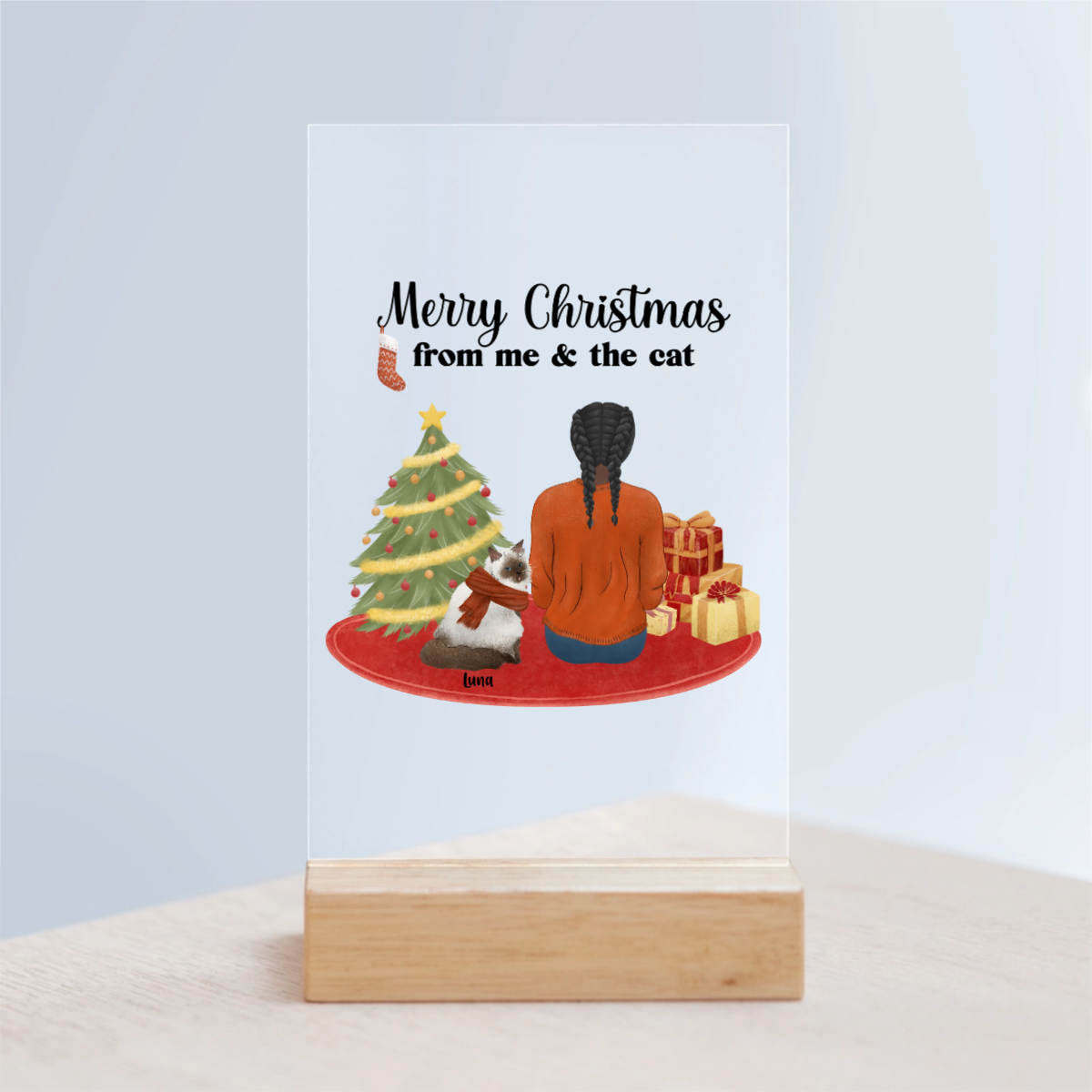Frohe Weihnachten von mir und den Katzen Acrylschild mit Holzständer