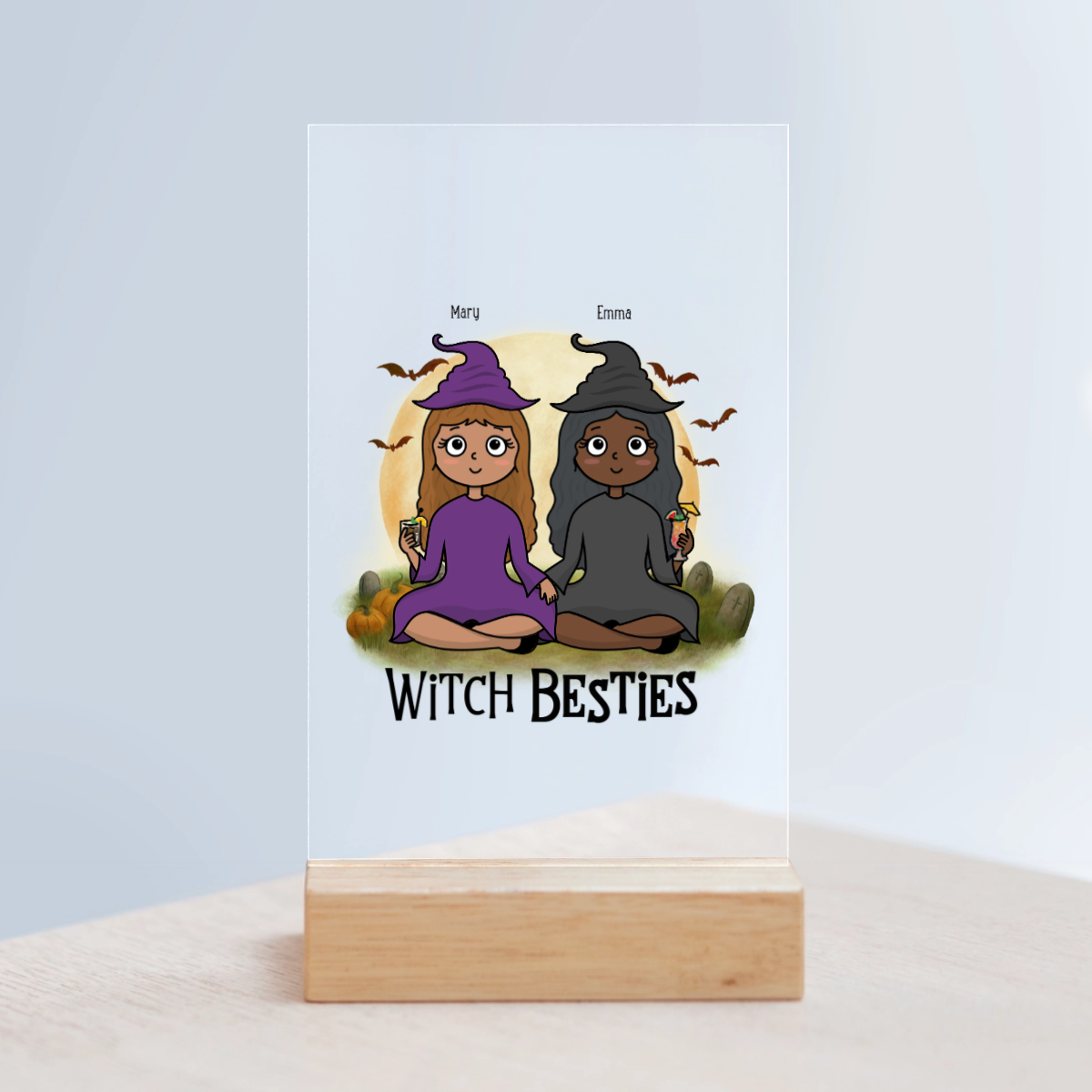 Hexenbesties Halloween Acrylschild mit Holzständer