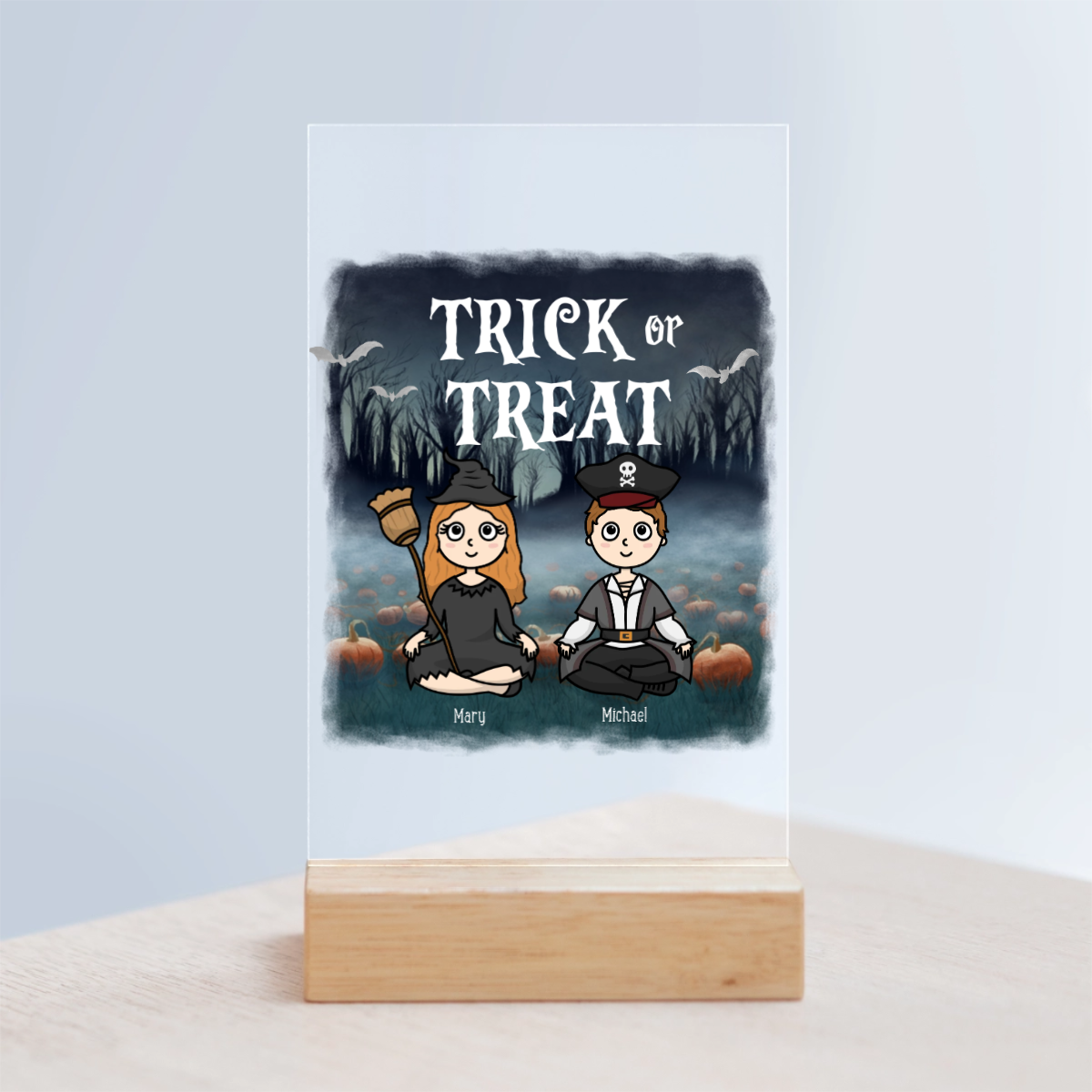 Süßes oder Saures Halloween Acrylschild mit Holzständer