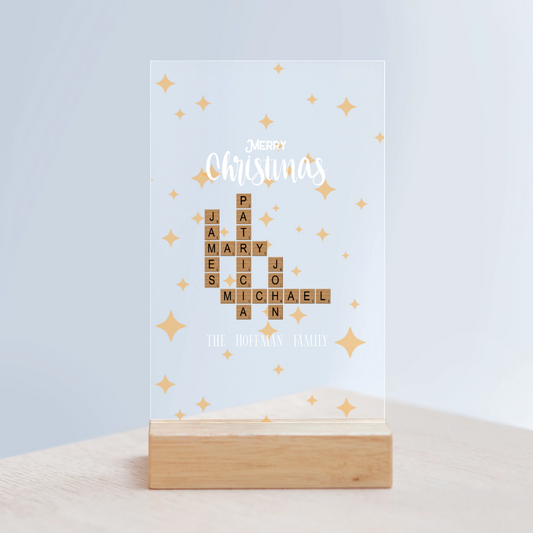 Frohe Weihnachten Kreuzworträtsel Acrylschild mit Holzständer