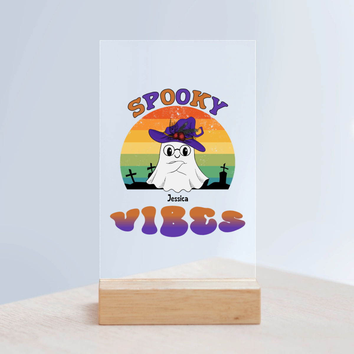 Gruselige Vibes Halloween Acrylschild mit Holzständer