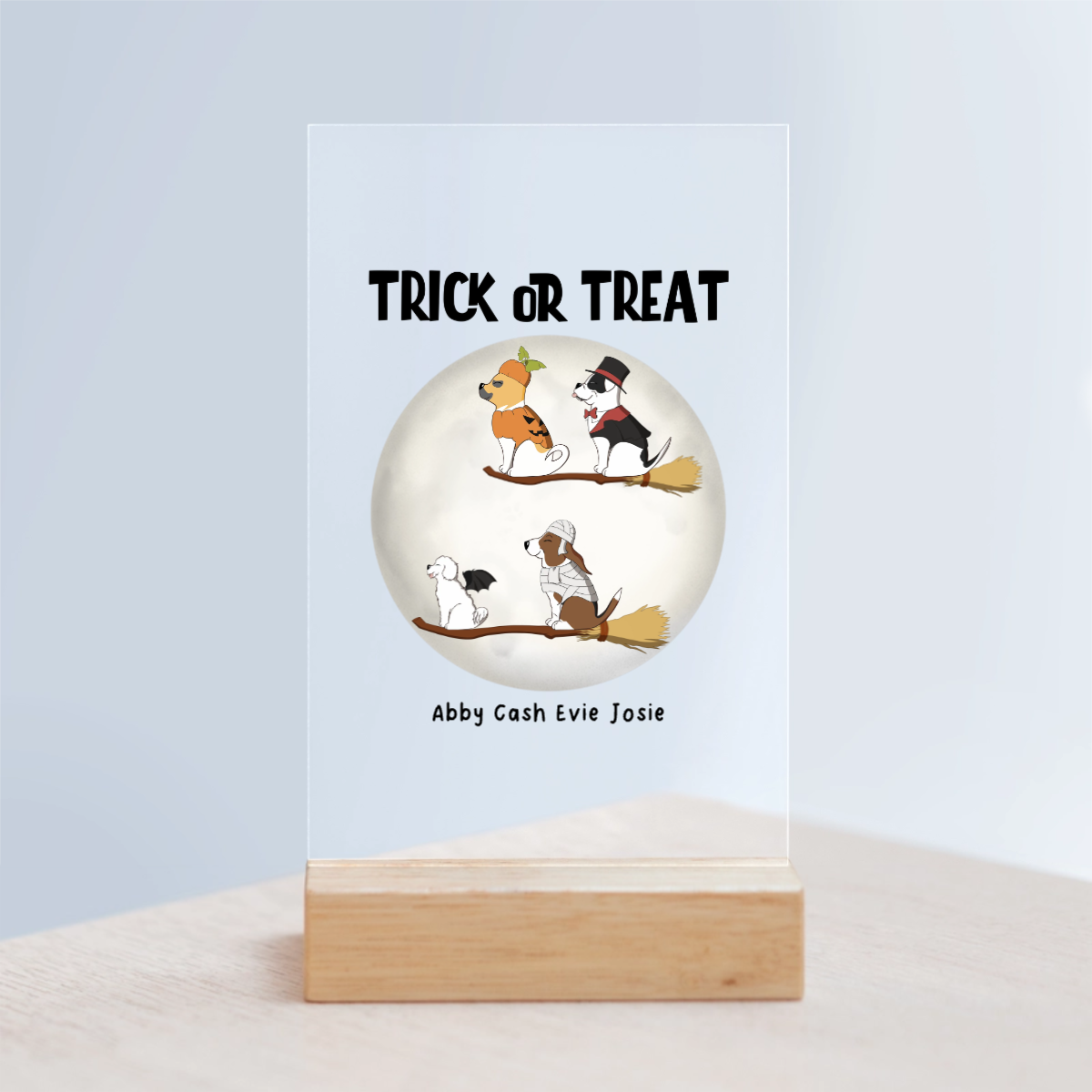 Süßes oder Saures Hunde Halloween Acrylschild mit Holzständer